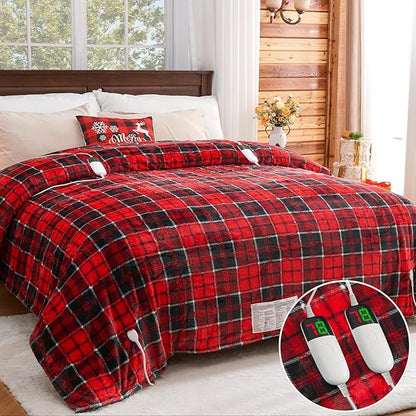 Heated Blanket Electric, Queen Size 84X90, Heating Blanket with 10 Heating Levels/8 Hours Auto Off/Dual Control for Bed, Red Checkered Sherpa Blankets Warmer for Adults, Christmas Blankets