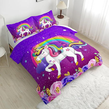 Cute Unicorn Comforter Sets Bedding Sets for Kids,Rainbows and Flowers Comforter Sets Twin Size，All Season 1 Comforter and 2 Pillowcases