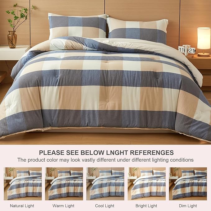 100% Cotton Comforter Set King Size – Reversible Yarn-Dyed Checkered Design, Soft Washed Cotton on Both Sides, Lightweight All-Season Bedding, Machine Washable(Blue White Plaid, 104”x90”)