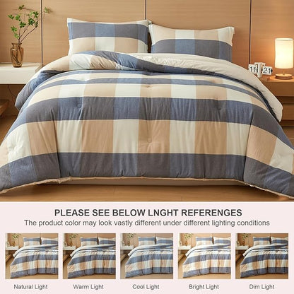 100% Cotton Comforter Set King Size – Reversible Yarn-Dyed Checkered Design, Soft Washed Cotton on Both Sides, Lightweight All-Season Bedding, Machine Washable(Blue White Plaid, 104”x90”)