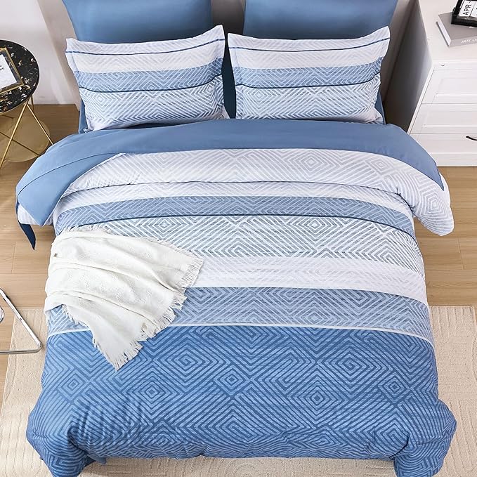 Drucon 7 Piece Striped Comforter Set Queen Size Light Blue Bed in a Bag, Soft Microfiber Complete Bedding Set with Sheets for All Season