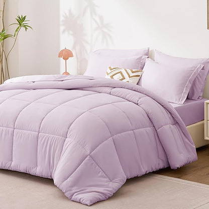 Love's cabin King Size Comforter Set Light Purple, 7 Pieces King Bed in a Bag, All Season Bedding Sets with 1 Comforter, 1 Flat Sheet, 1 Fitted Sheet, 2 Pillowcase and 2 Pillow Sham