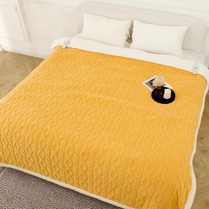 King Size Electric Blanket 100"X90" Yellow - Soft Thick Warm Sherpa Heated Blanket for Winter with Dual Control, 5 Heating Levels & 10hrs Auto Off for Women, Overheat Protection for Bed
