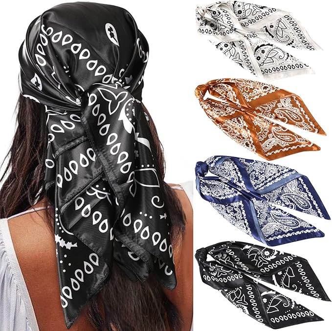 AWAYTR 35” Satin Large Square Head Scarves - 4PCS Silk Like Neck Scarf Hair Sleeping Wraps Satin Silk Scarfs for Women