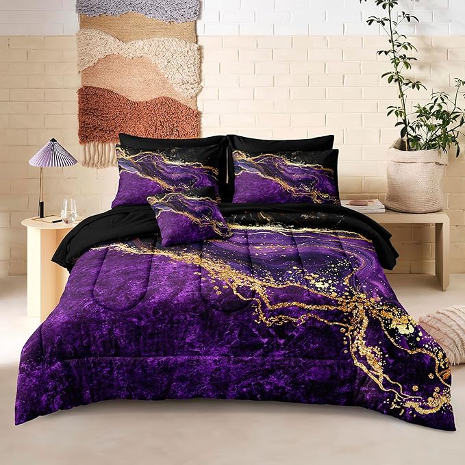 Black Gold Comforter Set - 6 Pcs Purple Marble Bedding Set Twin Size Bed in A Bag - Stone Texture Abstract Room Decor - Purple and Black