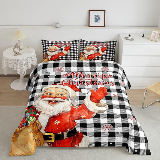 Merry Christmas Comforter Set King Size,Black White Plaid Bedding Set 3Pcs for Kids Boys Teens Girls Room Decor,Cartoon Santa Claus Quilt Set Cute Winter Snowflake Duvet Insert,2 Pillowcases