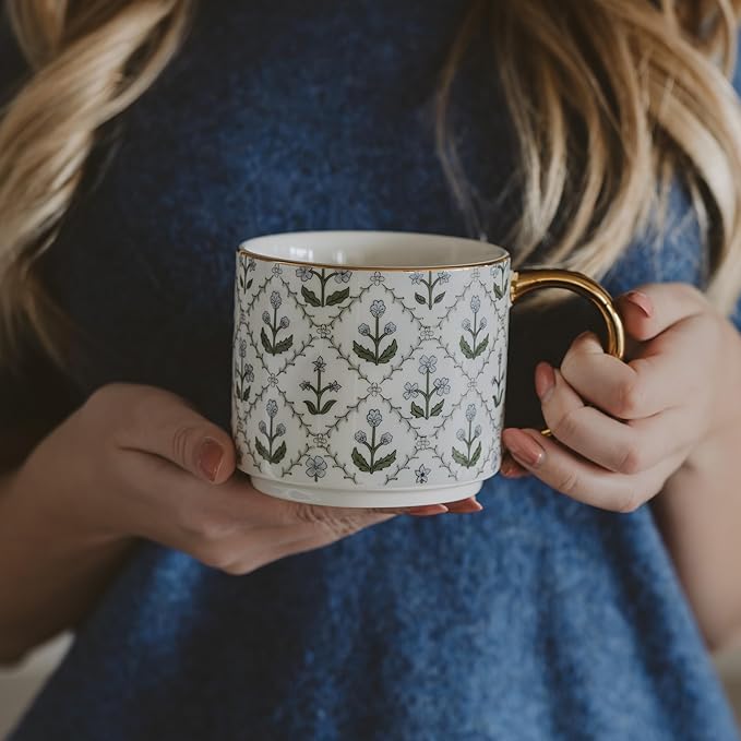 Sweet Water Decor Floral Quilted Coffee Mug, Vintage Floral Design with Gold Handle & Rim, 14oz Fine Bone China Tea Cup, Cottage Core Spring Collection, Cute Gifts for Mother's Day, & Women's Birthday