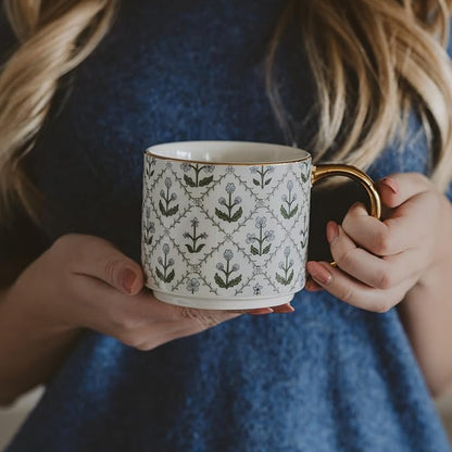 Sweet Water Decor Floral Quilted Coffee Mug, Vintage Floral Design with Gold Handle & Rim, 14oz Fine Bone China Tea Cup, Cottage Core Spring Collection, Cute Gifts for Mother's Day, & Women's Birthday