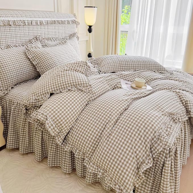 mixinni Vintage Ruffle Tan Gingham Comforter Set 3-Piece Washed Cotton Full Beige Grid Bedding Set with Taupe Geometric Checkered Pattern, Farmhouse Chic Soft Fluffy Comforter for All-Season