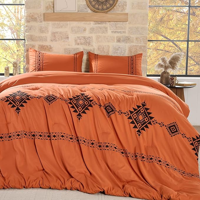 Embroidered Boho Comforter Set Queen Size, 3-Piece Western Shabby Chic Bedding Set - Fluffy Ultra Soft Microfiber with Intricate Design, Includes Comforter & 2 Pillowcases, Pumpkin(88"x88")