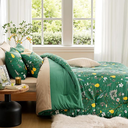 MUSSEL Queen Size Comforter Set 3 Pieces,Green Vintage Botanical Floral Pattern Bedding Comforter Sets,Boho Whimsical Modern Printed Design Cute Seersucker Bedroom Comforter and Shams