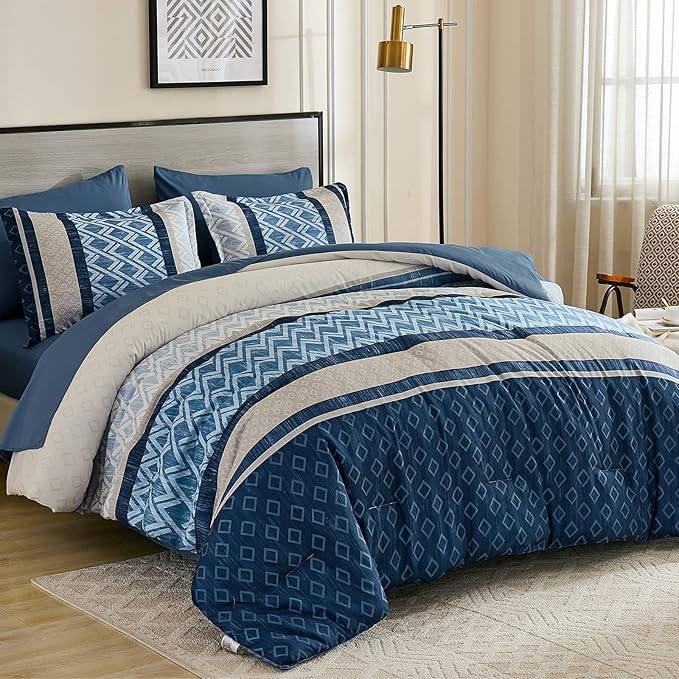Cottolester California King Comforter Set 7 Pieces Blue Boho Striped Bed in a Bag,Soft Microfiber Complete Bedding Sets