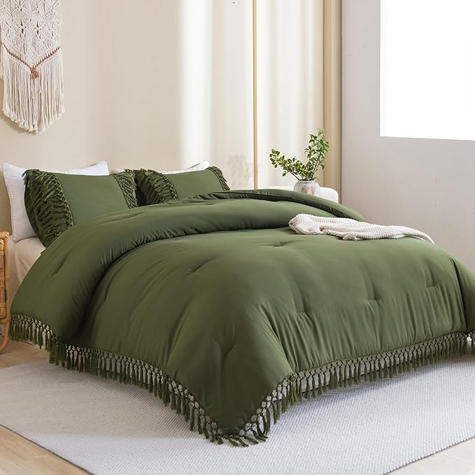 Andency Olive Green Comforter Set King, 3 Pieces Boho Tassel Lightweight Soft Bedding Comforter Sets for King Bed, All Season Fluffy Fringe Bed Set (104x90In Comforter & 2 Pillowcases)