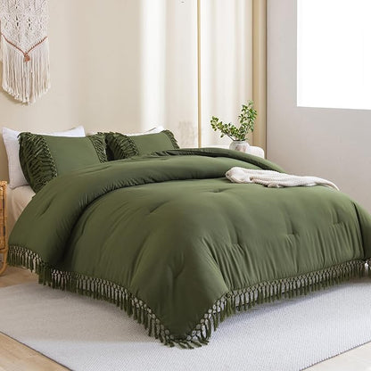Andency Olive Green Comforter Set King, 3 Pieces Boho Tassel Lightweight Soft Bedding Comforter Sets for King Bed, All Season Fluffy Fringe Bed Set (104x90In Comforter & 2 Pillowcases)