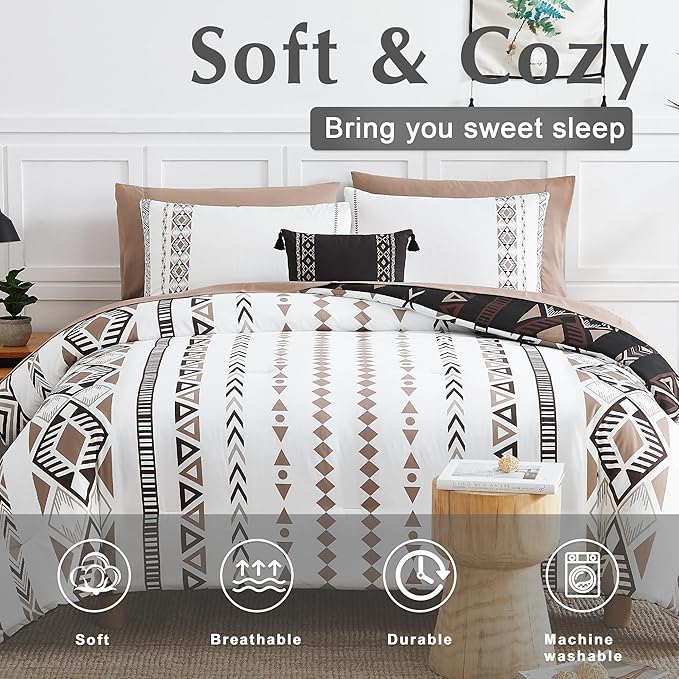 Geniospin Full Comforter Set - 7 Pieces Bed in a Bag, Comfortable Western Bedding Sets for All Seasons, Lightweight Soft Boho Comforter Bed Set with Sheets, Pillowcases & Shams