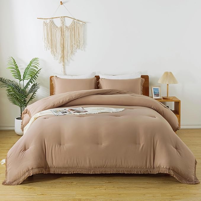 Andency Taupe Comforter Set King Size, 3 Pieces Boho Tassel Lightweight Bedding Comforter Sets for King Bed, Tan All Season Soft Fluffy Fringe Bed Set (104x90In Comforter & 2 Pillowcases)