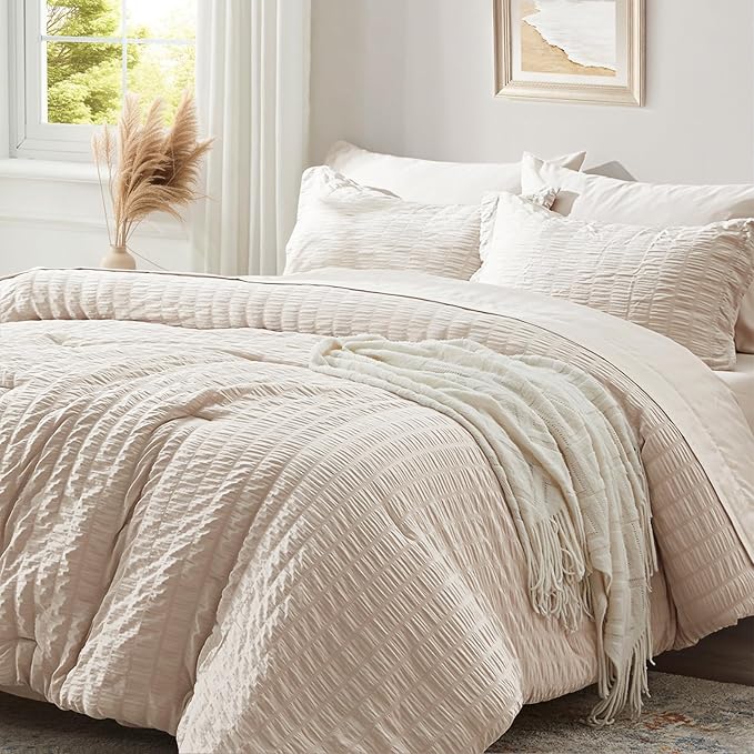 Zzlpp Beige King Comforter Set 7 Pieces, Seersucker Bed in a Bag with Sheets, All Season Bedding Sets with 1 Comforter, 2 Pillow Shams, 2 Pillowcases, 1 Flat Sheet, 1 Fitted Sheet