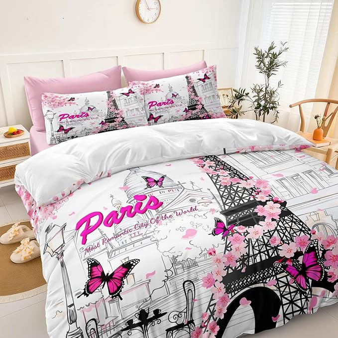 Paris Bedroom Comforter Full Pink France Bedding Comforter Full Size Bed in a Bag with Pink Sheet Set Cherry Blossom Butterfly Quilt Women Teens Girls Full Bed Set