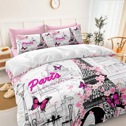 Pink Paris Comforter Set Eiffel Tower France Bedding Comforter King Size Bed in a Bag with Pink Sheet Set Cherry Blossom Butterfly Women Girls King Bed Set