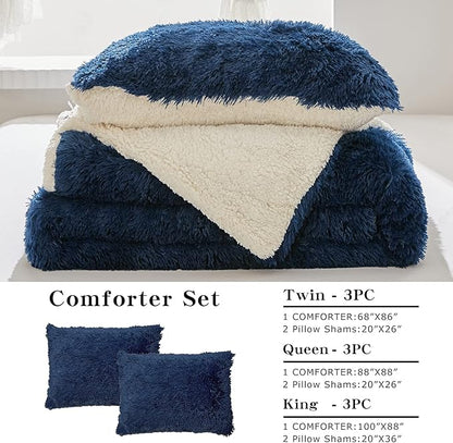 Joyreap 3-Piece Plush Shaggy Comforter Set, Full/Queen Size Luxury Faux Fur Sherpa Reversible Bedding Comforter Set, Ultra Cozy Warm Fluffy Bedding Set for Winter (Navy, 88x88 inches)
