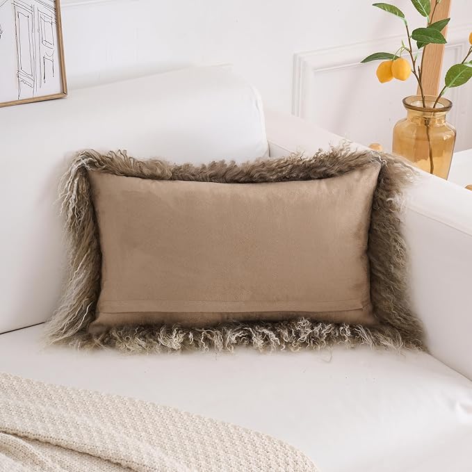Genuine Mongolian Lamb Fur Pillow Cover – 12"x20" Rectangular Cushion Case – Soft Curly Wool Decorative Accent for Sofa, Bed, or Chair (Sage Green with White Tips)