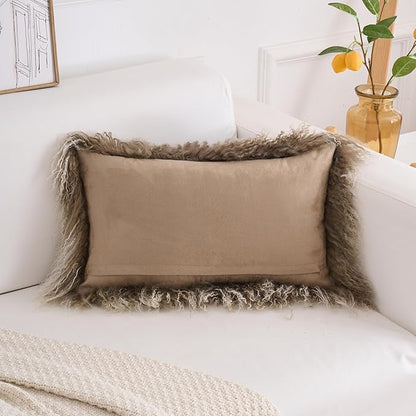 Genuine Mongolian Lamb Fur Pillow Cover – 12"x20" Rectangular Cushion Case – Soft Curly Wool Decorative Accent for Sofa, Bed, or Chair (Sage Green with White Tips)