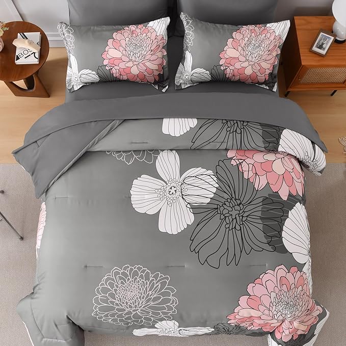 Yiran Cal King Flower Boho Comforter Set Gray Pink Bed in a Bag 7 Pieces Floral Bedding Set (1 Comforter 1 Flat Sheet 1 Fitted Sheet 2 Pillowcases 2 Pillow Shams)