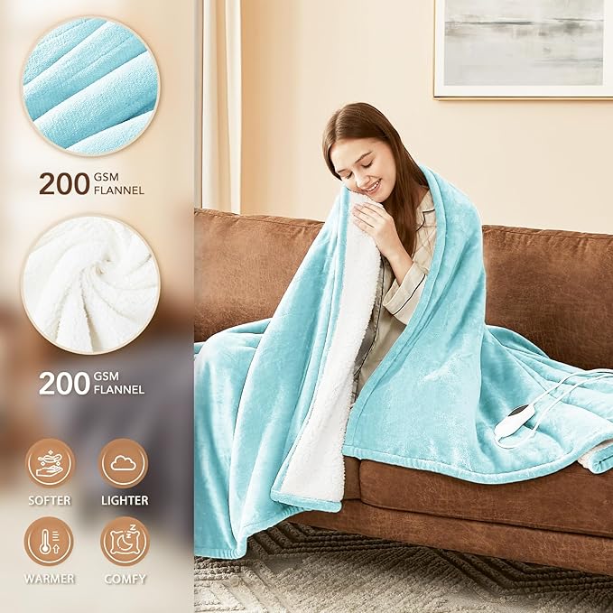 Homemate Electric Heated Blanket Twin Size - 62"x84" Heating Blanket Twin Size 1/2/4/6/8 Hours Auto-Off 10 Heat Level Over-Heat Protection Flannel Sherpa ETL Certification