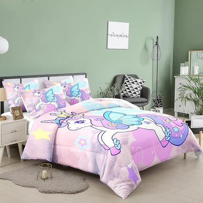 Tailor Shop Unicorn Girls Comforter Sets King Size,Unicorn Purple Bedding Sets for Girls Kids Teens with 2 Pillowcase