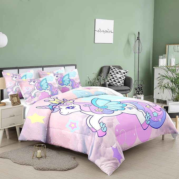 Tailor Shop Unicorn Girls Comforter Sets Queen Size,Unicorn Purple Bedding Sets for Girls Kids Teens with 2 Pillowcase