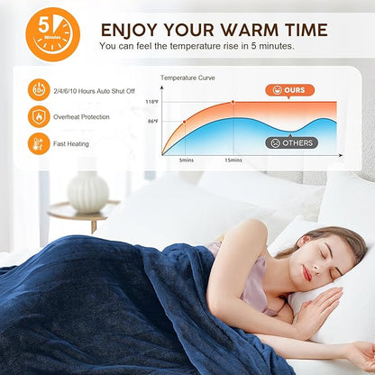 HYLEORY Heated Electric Blanket Throw, 2-Layer Cozy Warm Flannel 50" x 60", Heating Blanket with 9 Heating Levels, 2/4/6/10 Hours Auto Off, Fast Heating Winter Blanket, Navy Blue