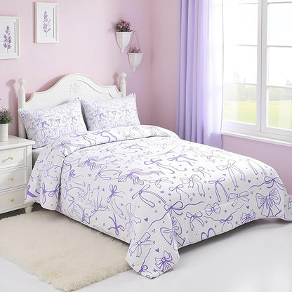 Purple Bowknots Comforter Set Full Size,Cartoon Hand Drawn Stars Love Bow Bedding Set,Kawaii Princess Style Quilt Set for Kids Girls Women Teens Room Decor,Romantic Duvet Insert,2 Pillowcases