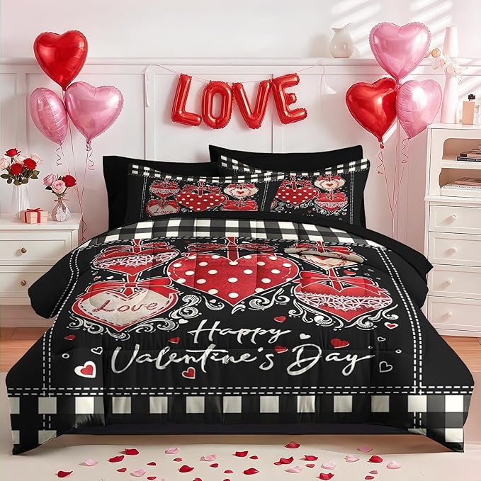 Nesker 7 Pcs Valentine's Day Comforter Set Queen Size, Polka Dots Heart Bedding Set for Kids and Adults, Sweet Love Romantic Sheets Bed Sheet Sets with Fitted Sheet 2 Pillowcases & 2 Shams