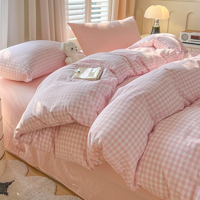 mixinni Gingham Comforter Set Twin XL Size - 3 Piece Light Pink Plaid Farmhouse Bedding, Soft Washed Cotton All-Season Comforter & Pillow Shams, Grid Pattern Classic Style for Boys Girls