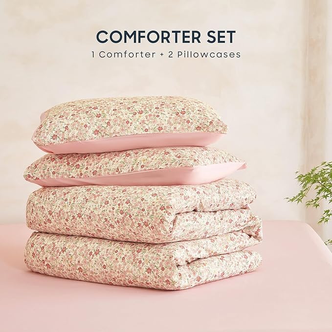 Wake In Cloud - Floral Comforter Set, Cute Vintage Flower Cottagecore Aesthetic for Women Teen Girls, Soft Lightweight Dorm Bedding, 3 Pieces, Cream Pink, Twin/Twin XL Size
