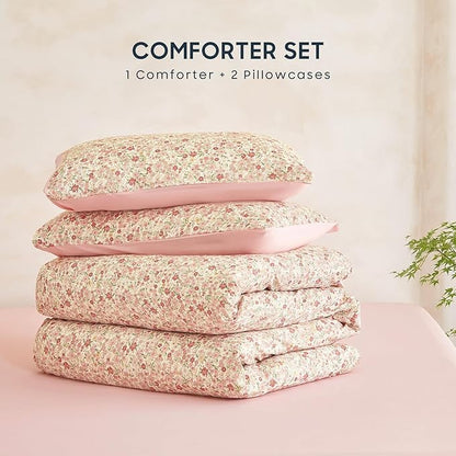 Wake In Cloud - Floral Comforter Set, Cute Vintage Flower Cottagecore Aesthetic for Women Teen Girls, Soft Lightweight Dorm Bedding, 3 Pieces, Cream Pink, Twin/Twin XL Size