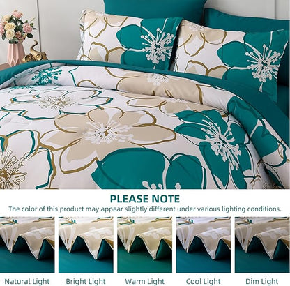 Anibedding 7Pieces Teal Grey Floral Comforter Set Queen Size, Soft Microfiber Grey Blue Bed in a Bag Comforter Set with Sheets for All Season