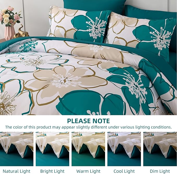 Anibedding 7Pieces Teal Grey Floral Comforter Set King Size, Soft Microfiber Grey Blue Bed in a Bag Comforter Set with Sheets for All Season