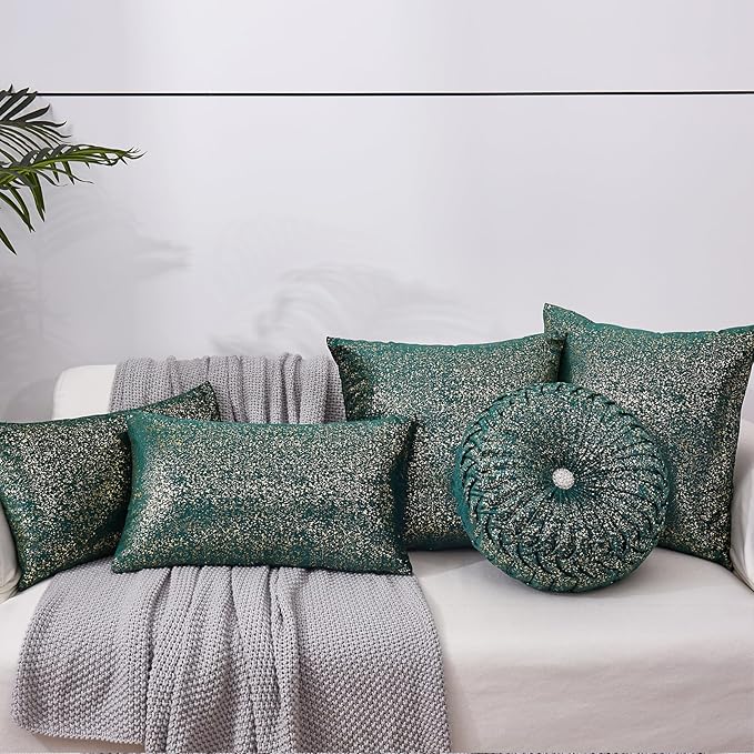 EUCIOR Round Throw Pillows,Christmas Pillows,Green and Gold Throw Pillows,Pumpkin Pleated Handmade Velvet Decorative Pillow for Sofa Bedroom Livingroom