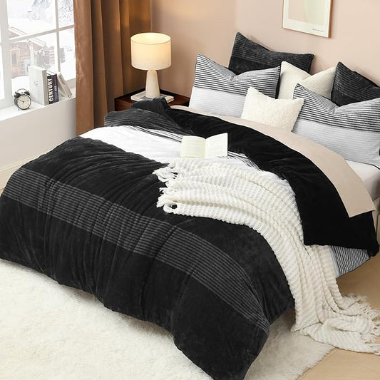 Litanika Fluffy Fleece Queen Comforter Set, Luxury Soft Plush Fuzzy Black & White Stripe Bedding Comforter Sets, Warm Shaggy Faux Fur Bed Set All Season (1 Comforter, 2 Pillowcases)