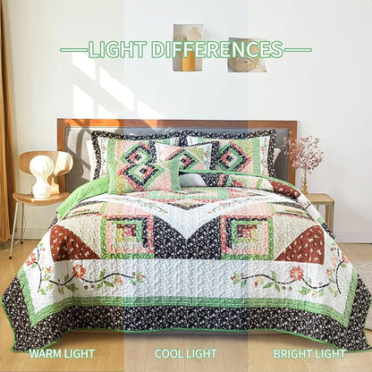 BEDIFANY Queen Size Quilt Set - Lightweight Cotton Filling Bedspread Queen Size (90 x 98 Inch) Coverlet Set - Floral Queen Quilt Bedding Sets for Bed Decorations - All Seasons, 3 Pieces - Green