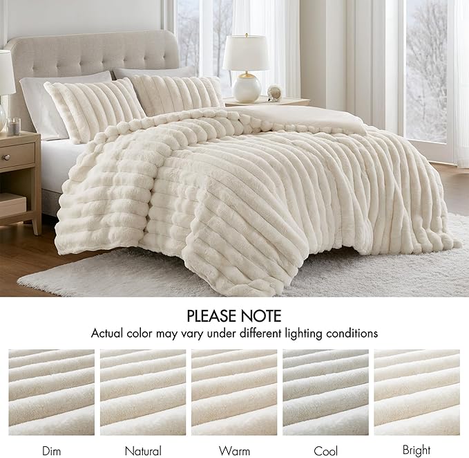 Madison Park Jasmine Queen Comforter Set, Luxurious Reversible Faux Fur Plush Ribbed Velvet Bedding, Fuzzy Thick Warm Winter Comforter, Super Soft Fluffy 3-Piece Set Ivory