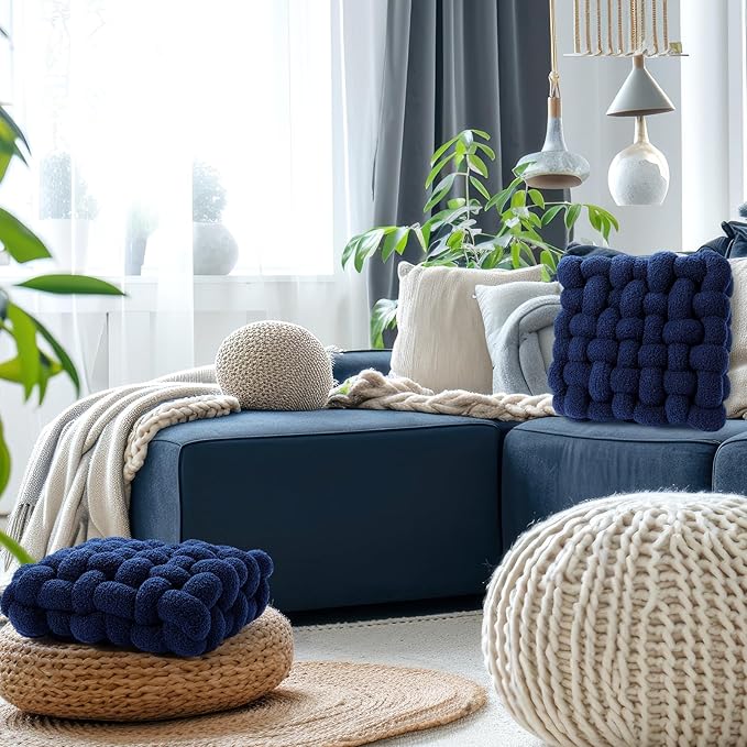 Wenqik 2 Pcs Knot Pillows Square Knotted Plush Throws Soft Accent Pillows Decoration Cushion for Couch Home Office Living Room Bedroom Bed Sofa Decor, 12'' x 13''(Navy Blue,Lambswool)