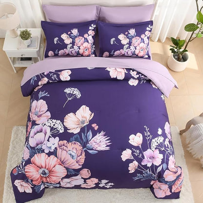 King Size Comforter Set - 7 Pieces Floral Comforter and Sheet Set, Dark Purple King Size Bed in a Bag, Soft Microfiber Flower Complete Bedding Set for All Seasons（Dark Purple,104"x90"）