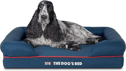 The Dog’s Bed Orthopedic Memory Foam Dog Bed with Bolsters, Oxford Fabric, Blue with Dark Red Trim, M