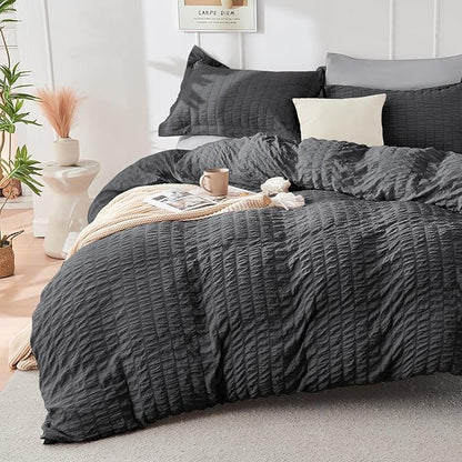 HYMOKEGE Dark Grey/Light Grey Queen Comforter Set Seersucker 7 Pieces, All Season Luxury Bed in a Bag Queen for Bedroom, Bedding Set with Comforter, Sheets, Pillowcases & Shams