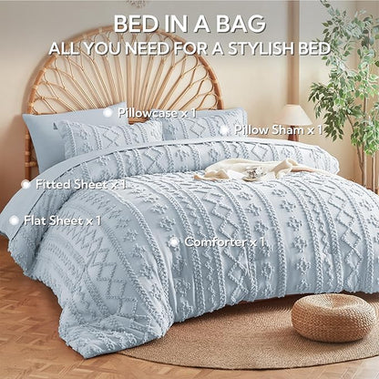 MR&HM Dusty Blue Boho Comforter Set Queen, Tufted Boho Bedding Set, Farmhouse Shabby Chic Bed in a Bag with 1 Comforter, 2 Pillow Shams, 2 Pillowcases, 1 Flat Sheet, 1 Fitted Sheet for All Seasons