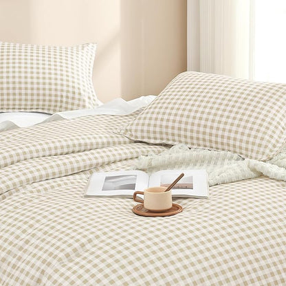 Andency Beige Gingham Comforter Set Queen(90x90Inch), Cream Checkered Grid Plaid Buffalo Bed Set for Girls Boys Kids Teens, 3 Pieces Lightweight Microfiber Geometric Preppy Bedding