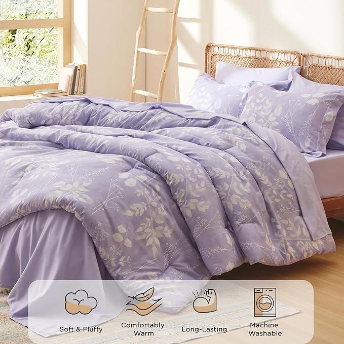 Bedsure King Size Comforter Set - 7 Pieces Floral Lavender Soft Bedding Sets, King Bed in a Bag with Botanical Flowers Comforter, Sheets, Pillowcases & Shams