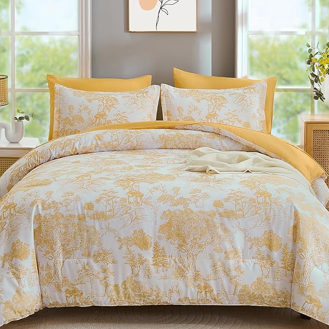 DJY Queen Size Comforter Sets, Yellow Botanical Comforters with Sheets 7 Pieces Bed in a Bag Queen Elegant Plants Print Soft Microfiber Reversible Complete Bedding Sets for All Season